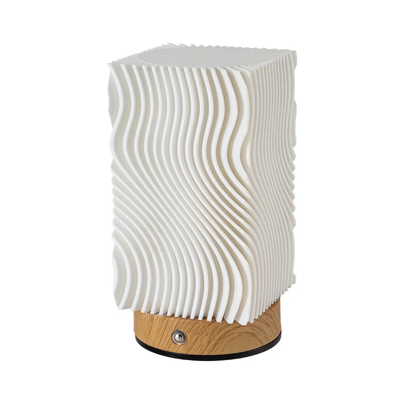 Contemporary Nordic Rechargeable Acrylic Wood Cylinder With Ripple Texture LED Table Lamp Night Light For Bedside