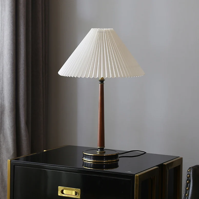 Modern Minimalist Metal Wood Pleated Fabric Cone Shade 1-Light Table Lamp For Living Room