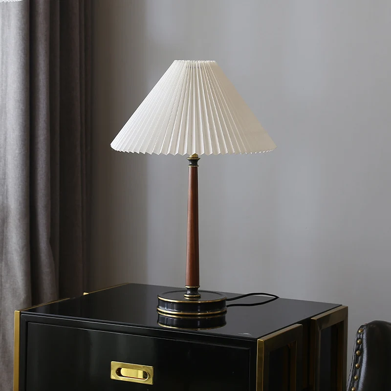 Modern Minimalist Metal Wood Pleated Fabric Cone Shade 1-Light Table Lamp For Living Room