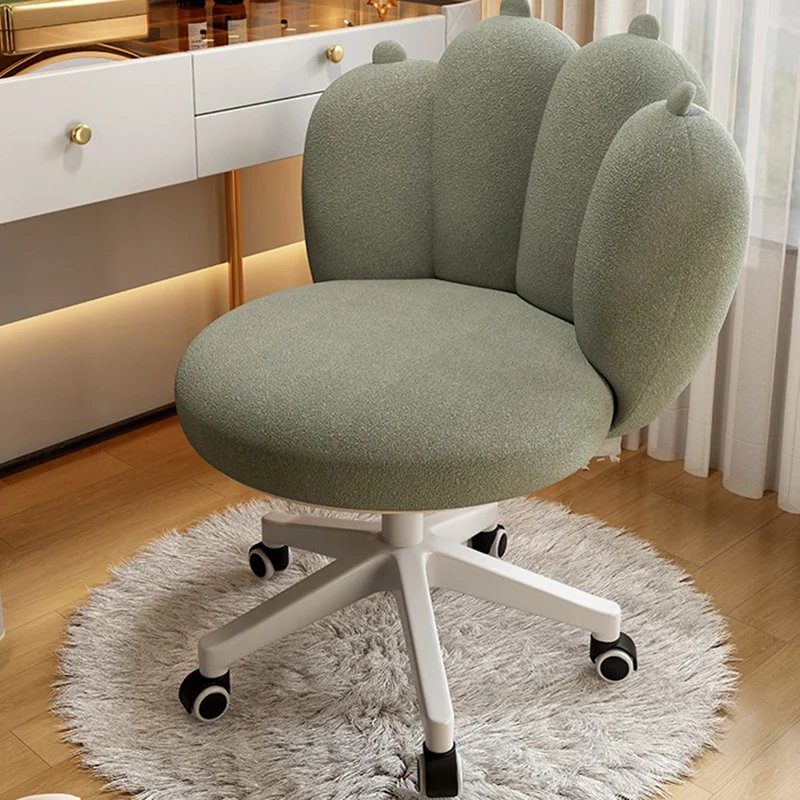 Contemporary Nordic Sherpa Fabric & Carbon Steel Cat-Paw Back Round Seat Vanity Stool With Swivel & Adjustable Height For Bedroom & Living Room