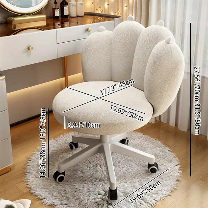 Contemporary Nordic Sherpa Fabric & Carbon Steel Cat-Paw Back Round Seat Vanity Stool With Swivel & Adjustable Height For Bedroom & Living Room