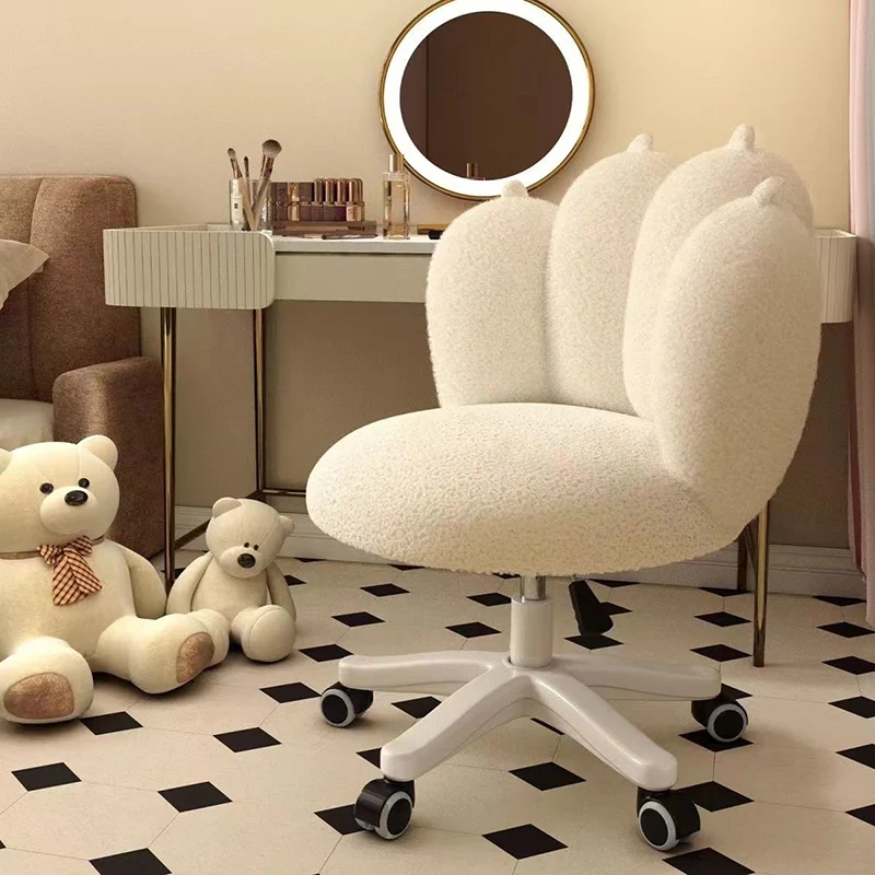 Contemporary Nordic Sherpa Fabric & Carbon Steel Cat-Paw Back Round Seat Vanity Stool With Swivel & Adjustable Height For Bedroom & Living Room