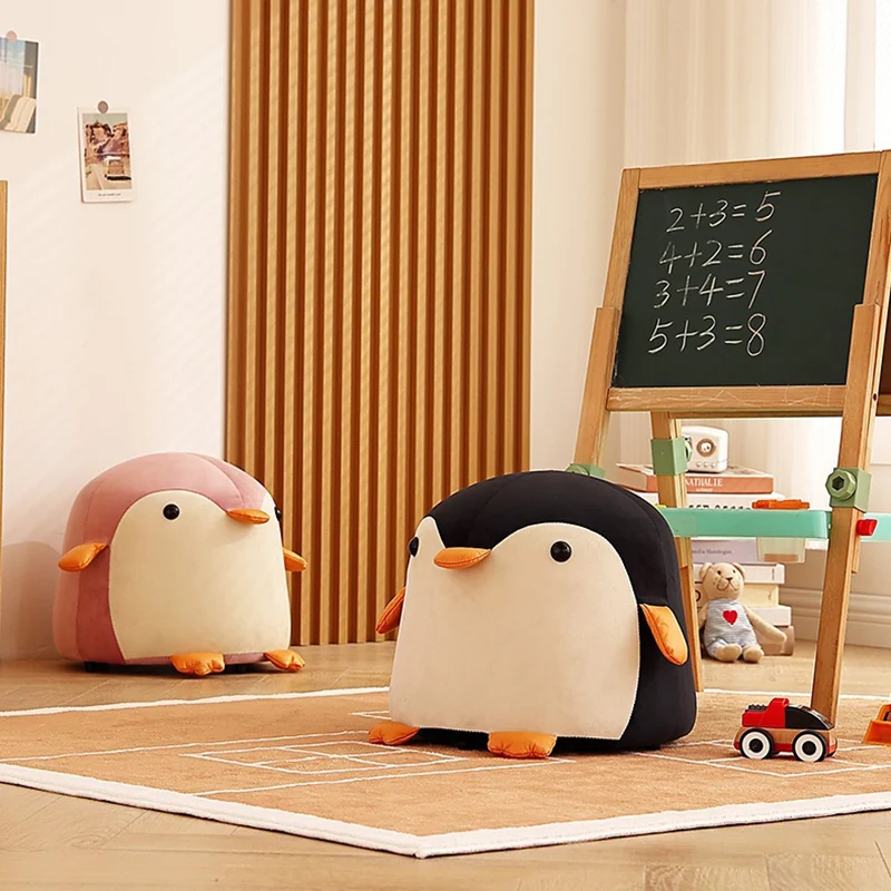 Contemporary Creative Kids Penguin Velvet Plywood Low Stool For Living Room