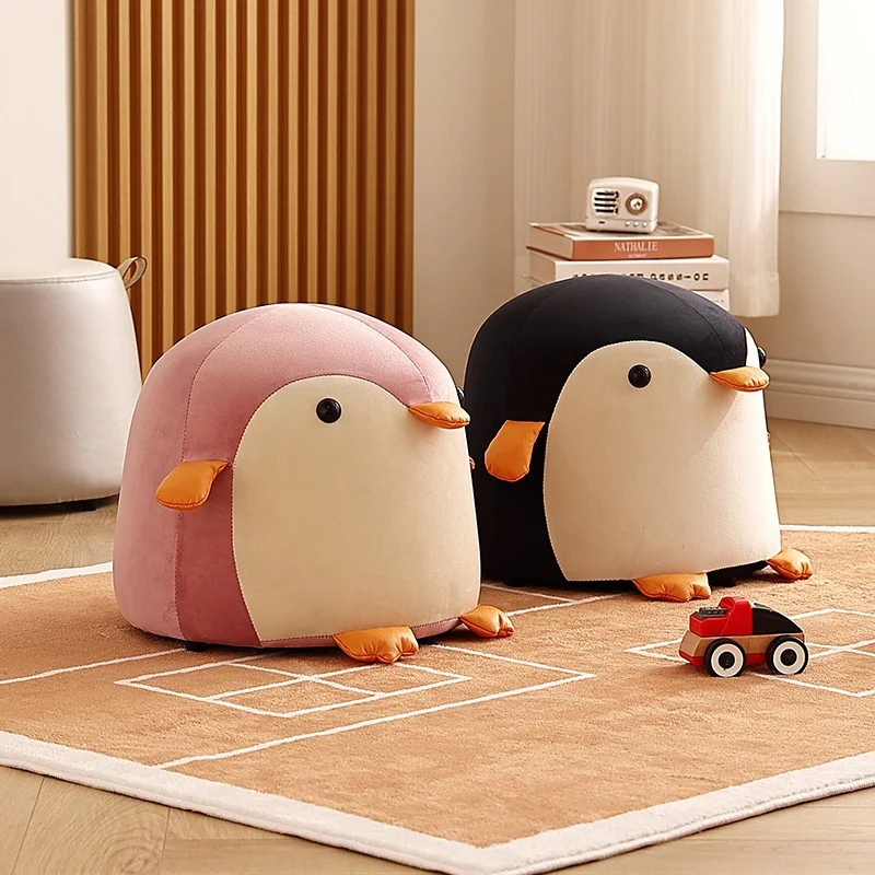 Contemporary Creative Kids Penguin Velvet Plywood Low Stool For Living Room
