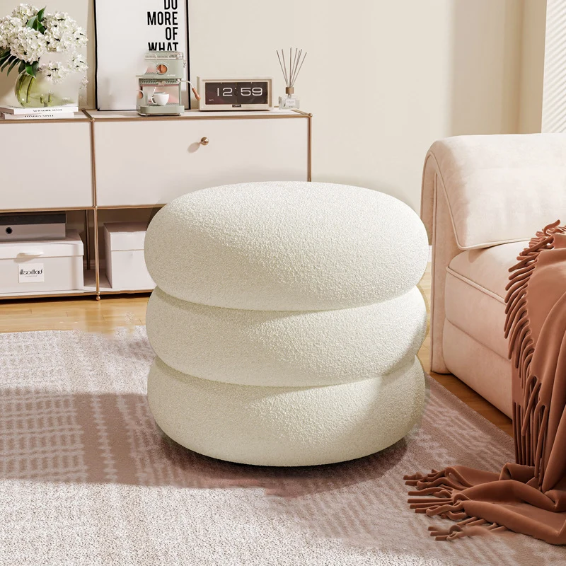 Contemporary Creative Multi-Level Round Sherpa Fabric Plywood Frame Low Stool For Living Room