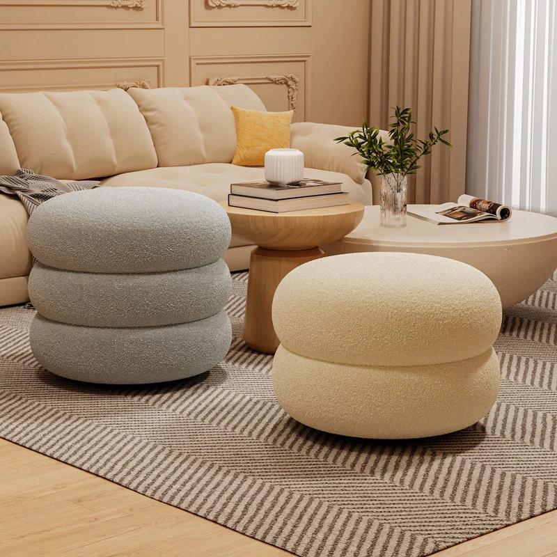Contemporary Creative Multi-Level Round Sherpa Fabric Plywood Frame Low Stool For Living Room