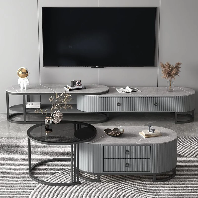 Modern Minimalist Slab Wood PU Leather Metal Elliptical TV Stand 2-Drawer Extendable For Living Room