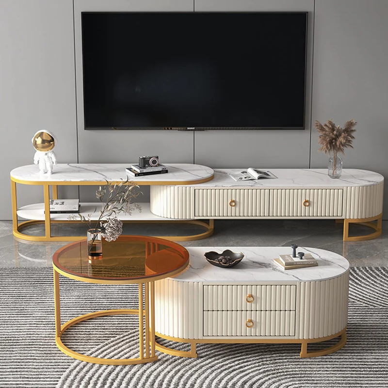 Modern Minimalist Slab Wood PU Leather Metal Elliptical TV Stand 2-Drawer Extendable For Living Room