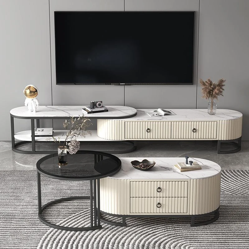 Modern Minimalist Slab Wood PU Leather Metal Elliptical TV Stand 2-Drawer Extendable For Living Room