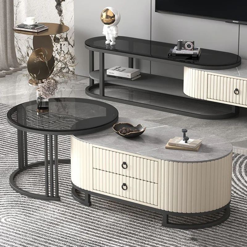 Modern Minimalist Slab Wood PU Leather Metal Elliptical TV Stand 2-Drawer Extendable For Living Room