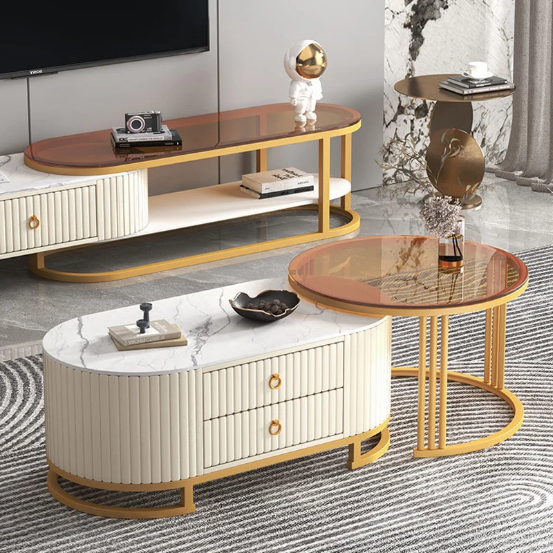 Modern Minimalist Slab Wood PU Leather Metal Elliptical TV Stand 2-Drawer Extendable For Living Room
