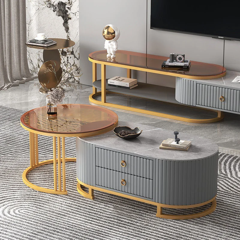 Modern Minimalist Slab Wood PU Leather Metal Elliptical TV Stand 2-Drawer Extendable For Living Room