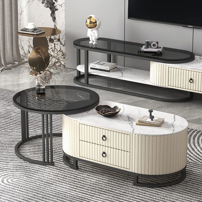Modern Minimalist Slab Wood PU Leather Metal Elliptical TV Stand 2-Drawer Extendable For Living Room