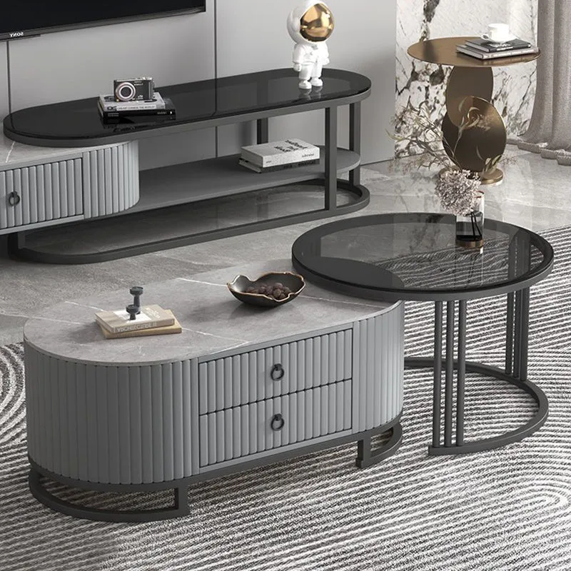 Modern Minimalist Slab Wood PU Leather Metal Elliptical TV Stand 2-Drawer Extendable For Living Room