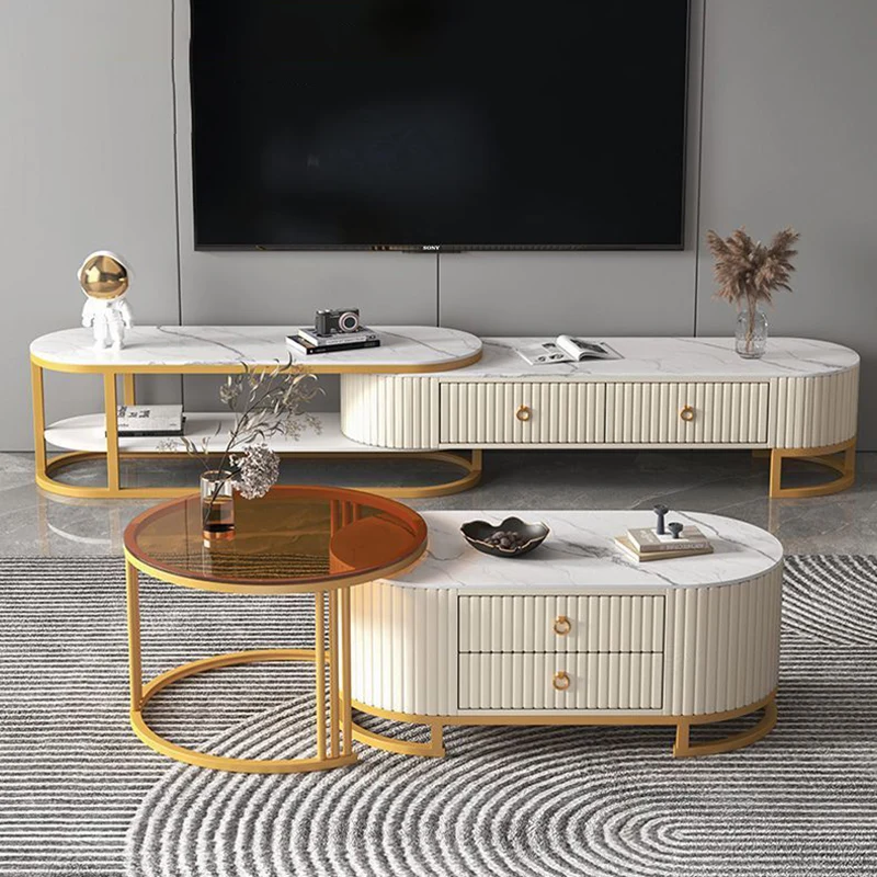 Modern Minimalist Slab Wood PU Leather Metal Elliptical TV Stand 2-Drawer Extendable For Living Room