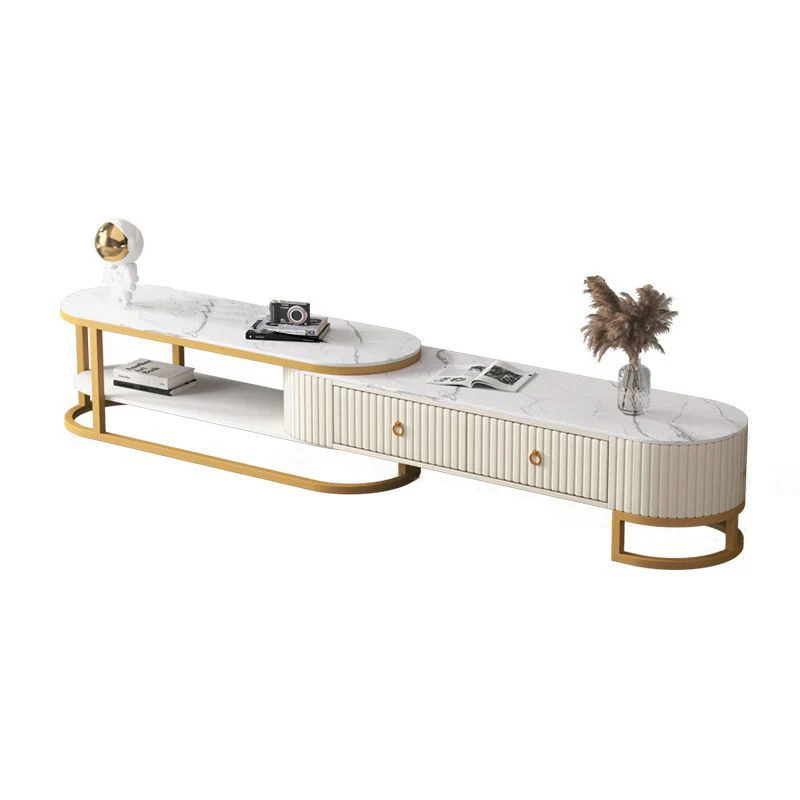Modern Minimalist Slab Wood PU Leather Metal Elliptical TV Stand 2-Drawer Extendable For Living Room