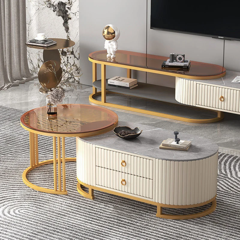 Modern Minimalist Slab Wood PU Leather Metal Elliptical TV Stand 2-Drawer Extendable For Living Room