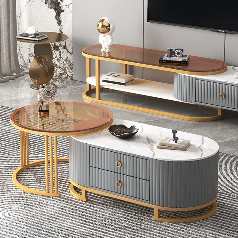 Modern Minimalist Slab Wood PU Leather Metal Elliptical TV Stand 2-Drawer Extendable For Living Room