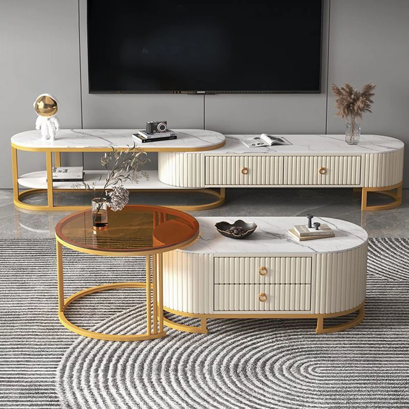 Modern Minimalist Slab Wood PU Leather Metal Elliptical TV Stand 2-Drawer Extendable For Living Room
