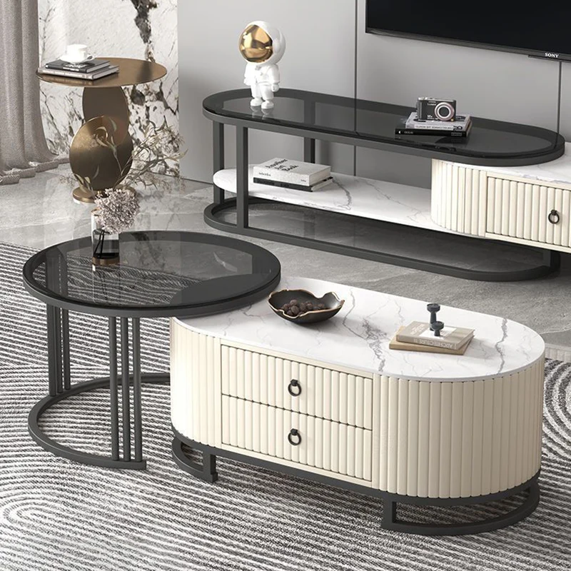 Modern Minimalist Slab Wood PU Leather Metal Elliptical TV Stand 2-Drawer Extendable For Living Room