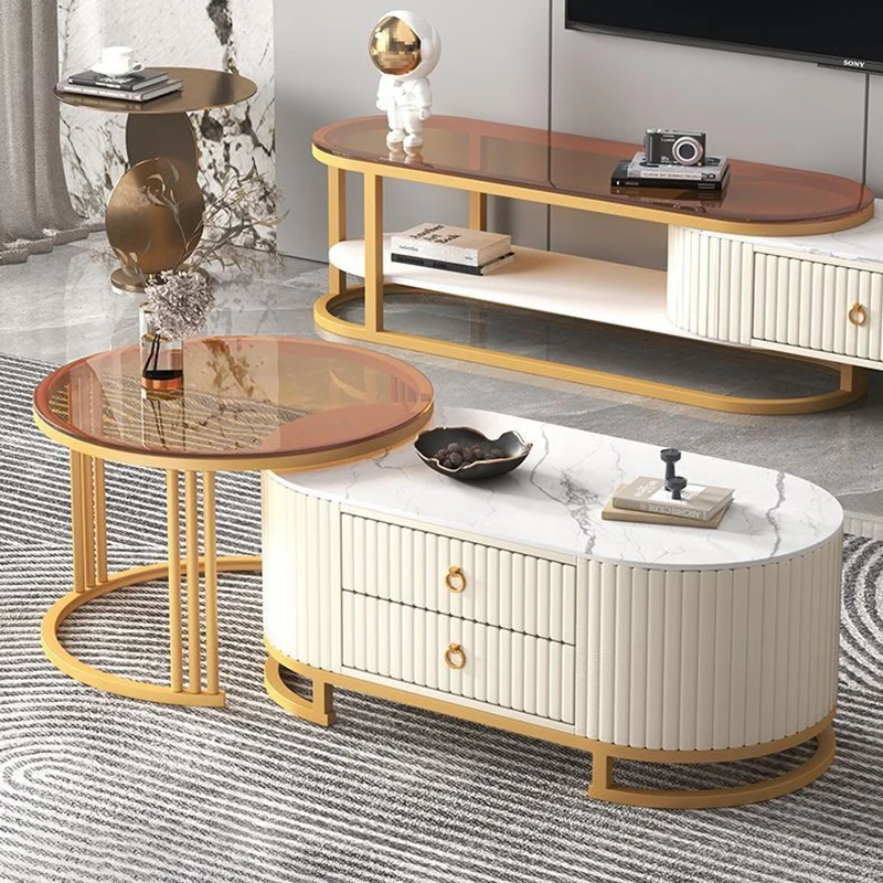 Modern Minimalist Slab Wood PU Leather Metal Elliptical TV Stand 2-Drawer Extendable For Living Room