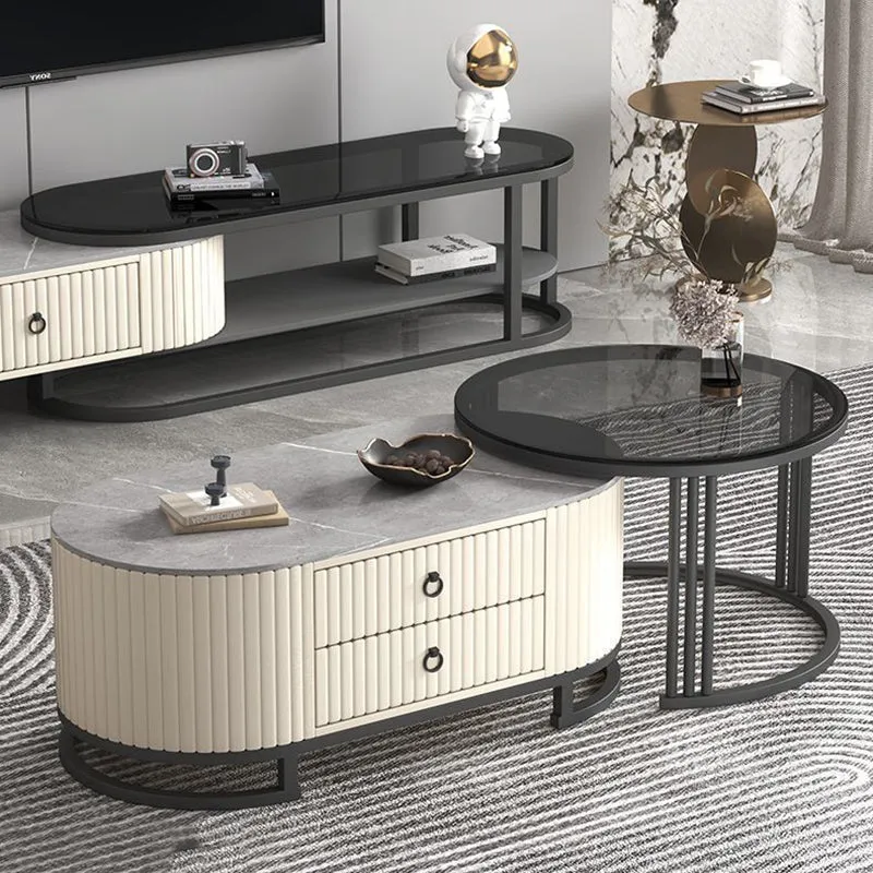 Modern Minimalist Slab Wood PU Leather Metal Elliptical TV Stand 2-Drawer Extendable For Living Room