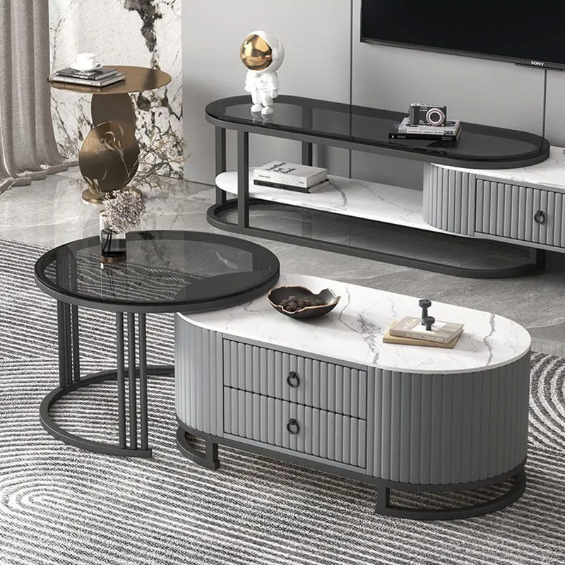 Modern Minimalist Slab Wood PU Leather Metal Elliptical TV Stand 2-Drawer Extendable For Living Room