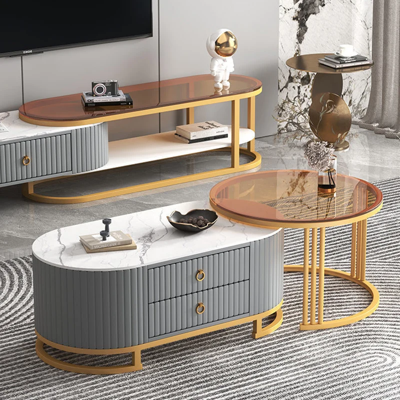 Modern Minimalist Slab Wood PU Leather Metal Elliptical TV Stand 2-Drawer Extendable For Living Room