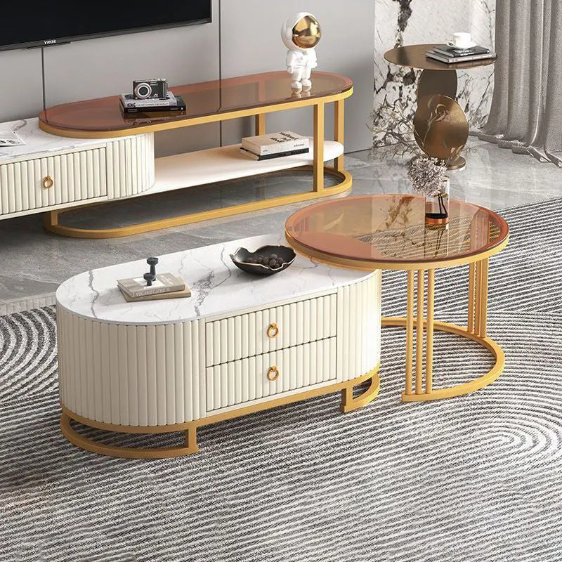Modern Minimalist Slab Wood PU Leather Metal Elliptical TV Stand 2-Drawer Extendable For Living Room