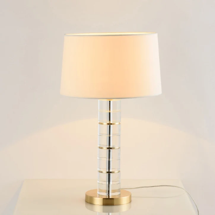 Traditional European Cylinder Crystal Metal Fabric 1-Light Table Lamp For Bedroom