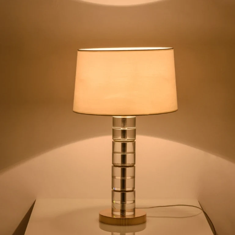 Traditional European Cylinder Crystal Metal Fabric 1-Light Table Lamp For Bedroom