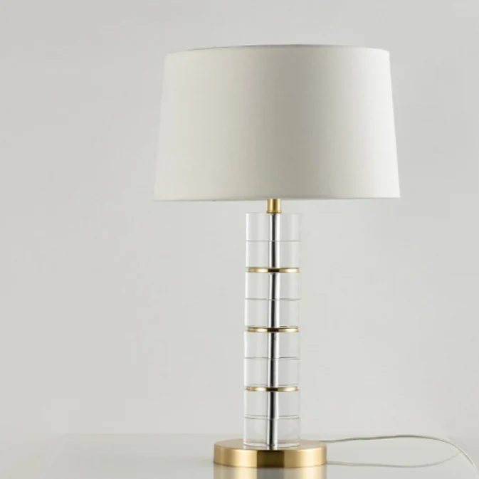 Traditional European Cylinder Crystal Metal Fabric 1-Light Table Lamp For Bedroom