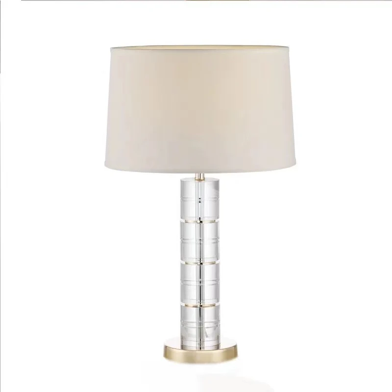 Traditional European Cylinder Crystal Metal Fabric 1-Light Table Lamp For Bedroom