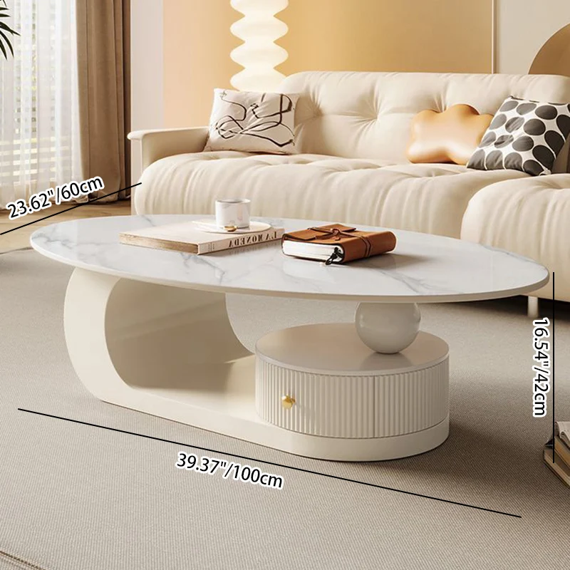 Contemporary Scandinavian Oval Round Curved Rock Slab Iron End Table 1-Tier For Living Room