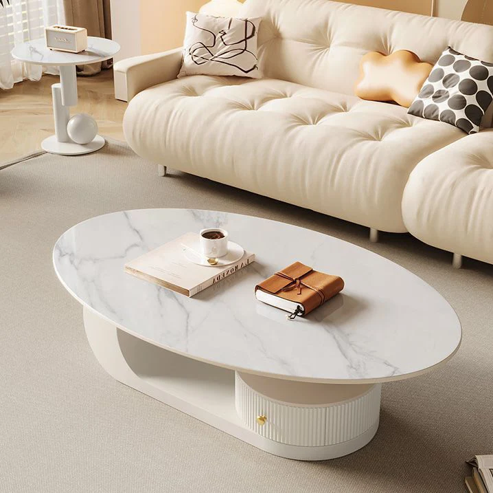 Contemporary Scandinavian Oval Round Curved Rock Slab Iron End Table 1-Tier For Living Room