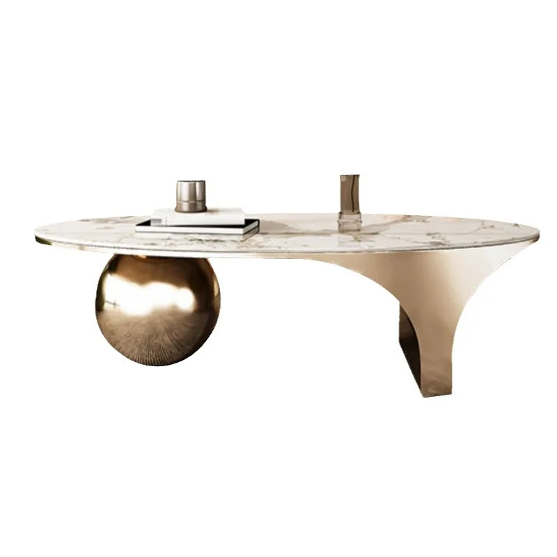 Contemporary Creative Oval Round Ball Marble Metal End Table 1-Tier For Living Room