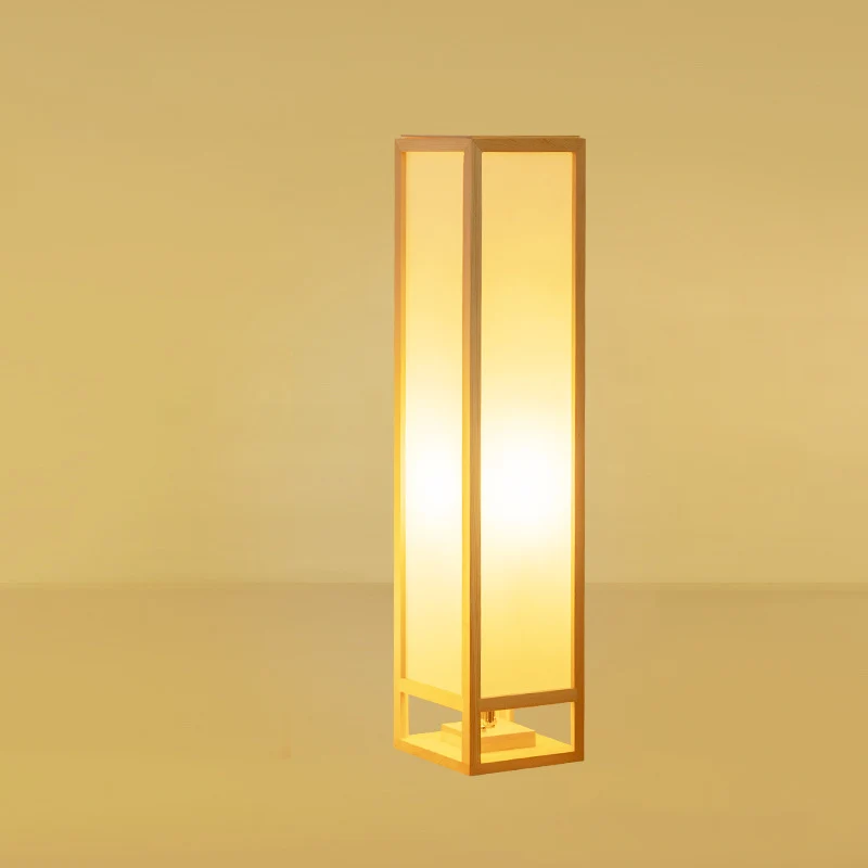 Traditional Japanese Square Rectangle Wood Acrylic 1-Light Standing Floor Lamp For Living Room