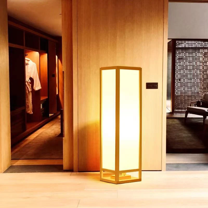 Traditional Japanese Square Rectangle Wood Acrylic 1-Light Standing Floor Lamp For Living Room