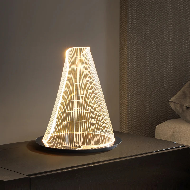 Modern Art Deco Conical Acrylic Lampshade Stainless Steel Base LED Table Lamp For Living Room