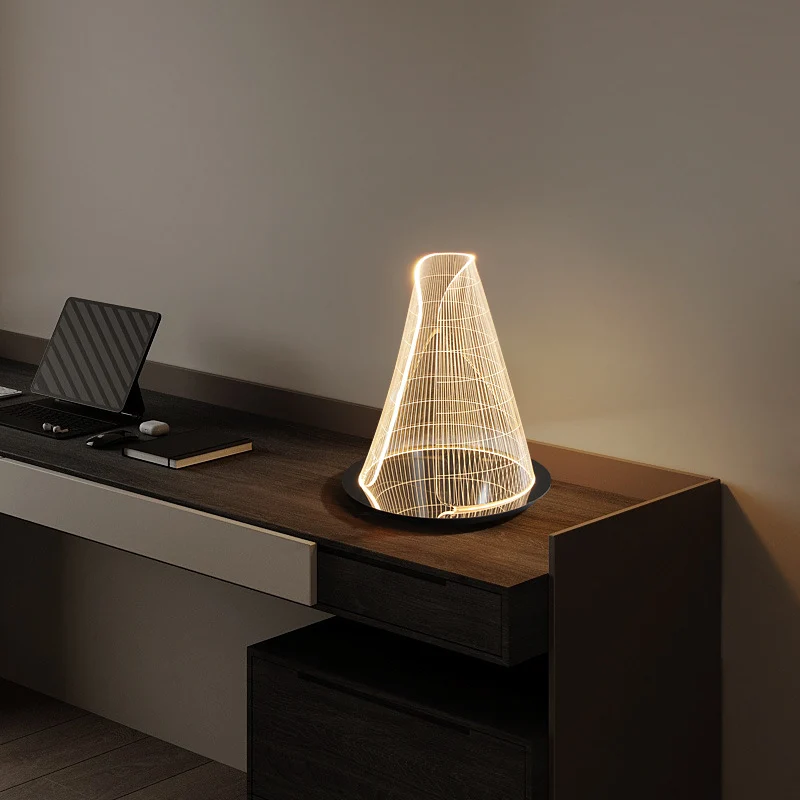 Modern Art Deco Conical Acrylic Lampshade Stainless Steel Base LED Table Lamp For Living Room