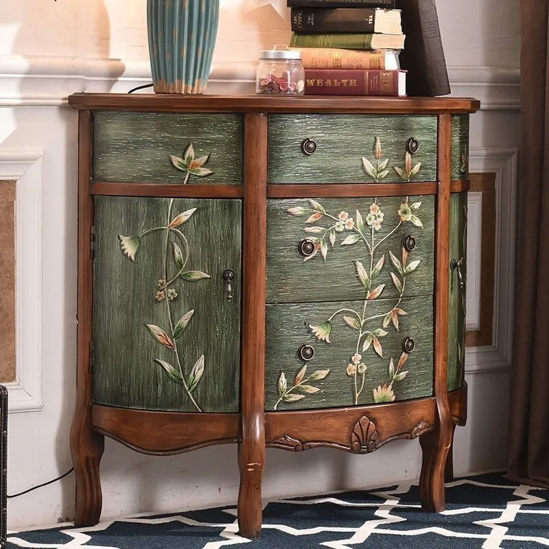 Traditional European Hand-Painted Mediterranean Rubberwood Legs MDF Half-Moon Console Table Storage Cabinet 3-Drawer For Hallway