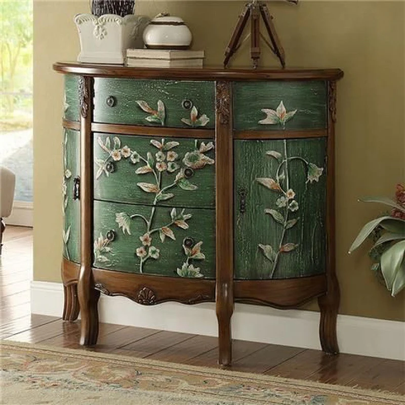 Traditional European Hand-Painted Mediterranean Rubberwood Legs MDF Half-Moon Console Table Storage Cabinet 3-Drawer For Hallway