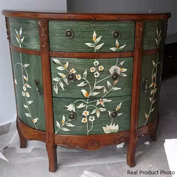Traditional European Hand-Painted Mediterranean Rubberwood Legs MDF Half-Moon Console Table Storage Cabinet 3-Drawer For Hallway