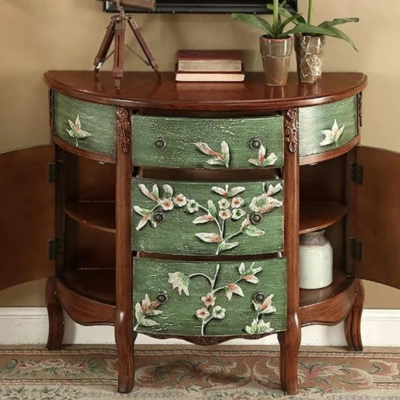 Traditional European Hand-Painted Mediterranean Rubberwood Legs MDF Half-Moon Console Table Storage Cabinet 3-Drawer For Hallway
