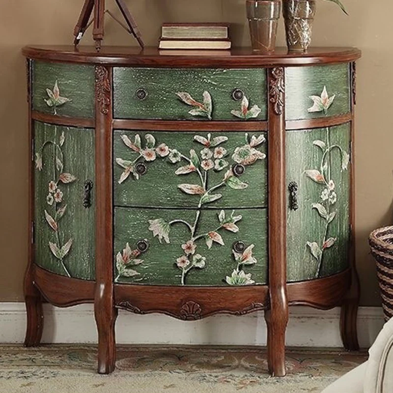 Traditional European Hand-Painted Mediterranean Rubberwood Legs MDF Half-Moon Console Table Storage Cabinet 3-Drawer For Hallway
