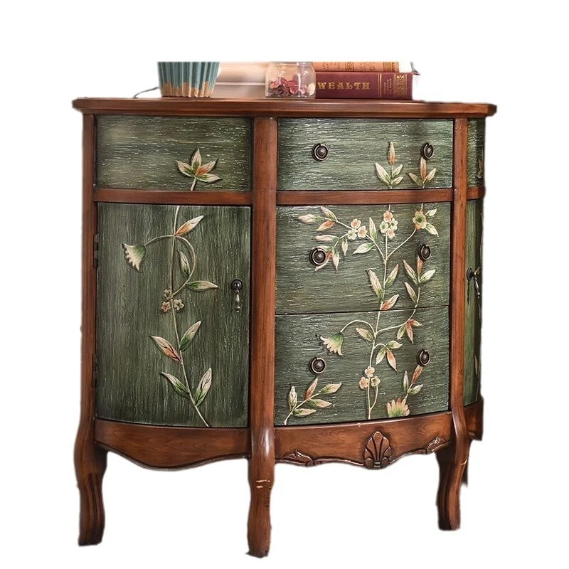 Traditional European Hand-Painted Mediterranean Rubberwood Legs MDF Half-Moon Console Table Storage Cabinet 3-Drawer For Hallway