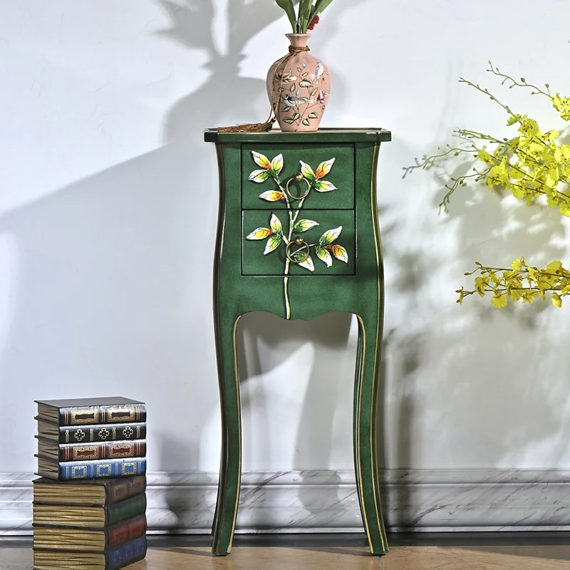 Traditional European Square Arabesque Birch Wood MDF End Table 2-Drawer For Living Room