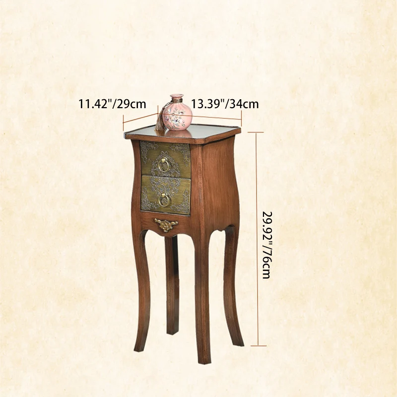 Traditional European Square Arabesque Birch Wood MDF End Table 2-Drawer For Living Room