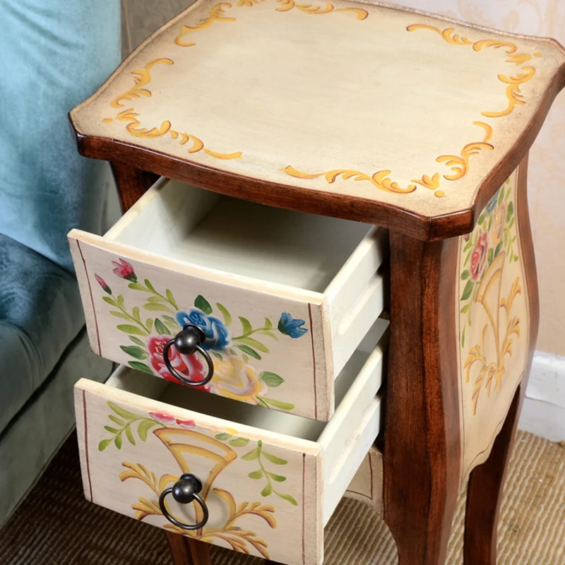 Traditional European Square Arabesque Birch Wood MDF End Table 2-Drawer For Living Room