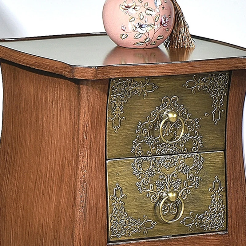 Traditional European Square Arabesque Birch Wood MDF End Table 2-Drawer For Living Room